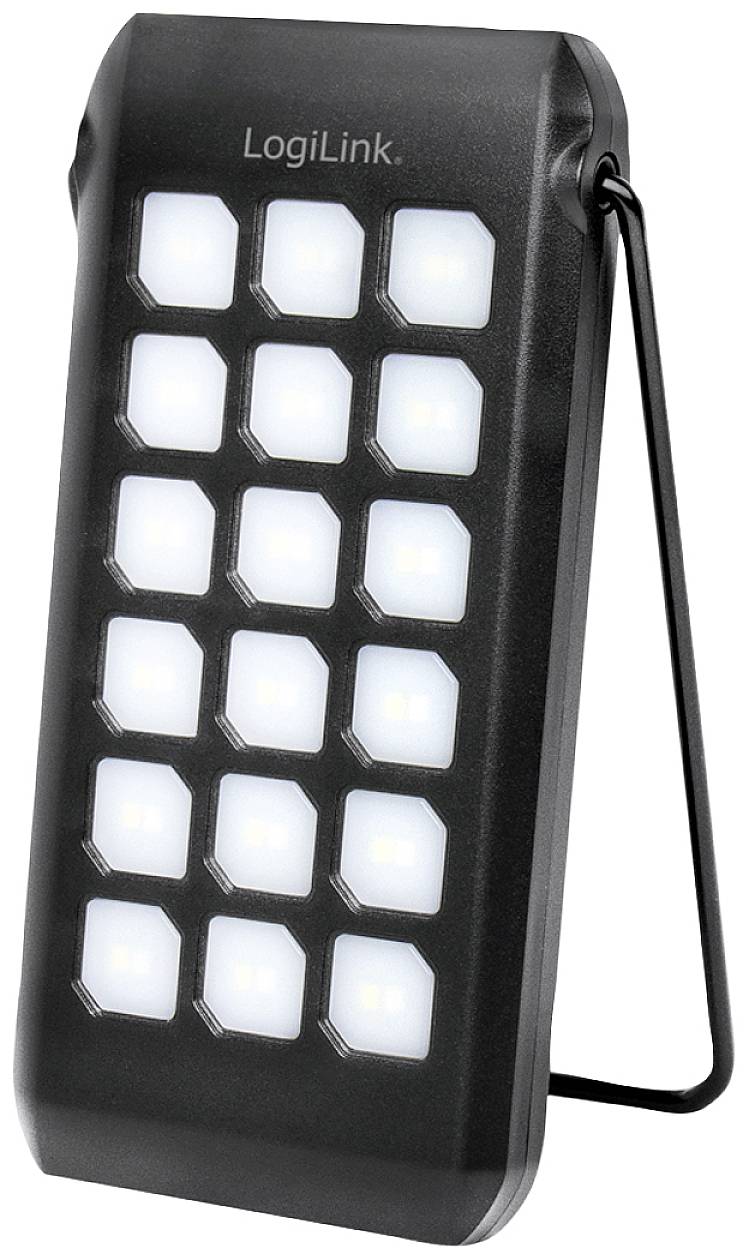 LED-Lampe mit 15 leuchtenden LEDs in rechteckiger Anordnung, schwarzes Gehäuse, klappbarer Ständer zur einfachen Positionierung.