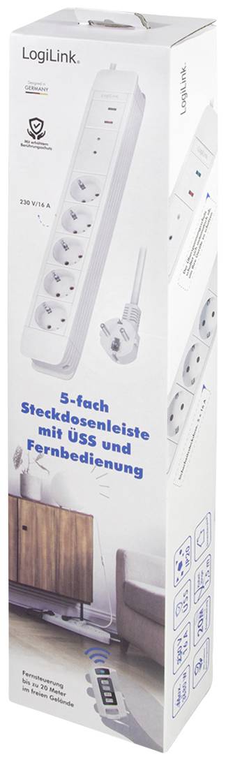 LogiLink 5-fach Steckdosenleiste mit Überspannungsschutz und Fernbedienung. Geeignet für TV, Audio und mehr. Kabellänge 1,4m.