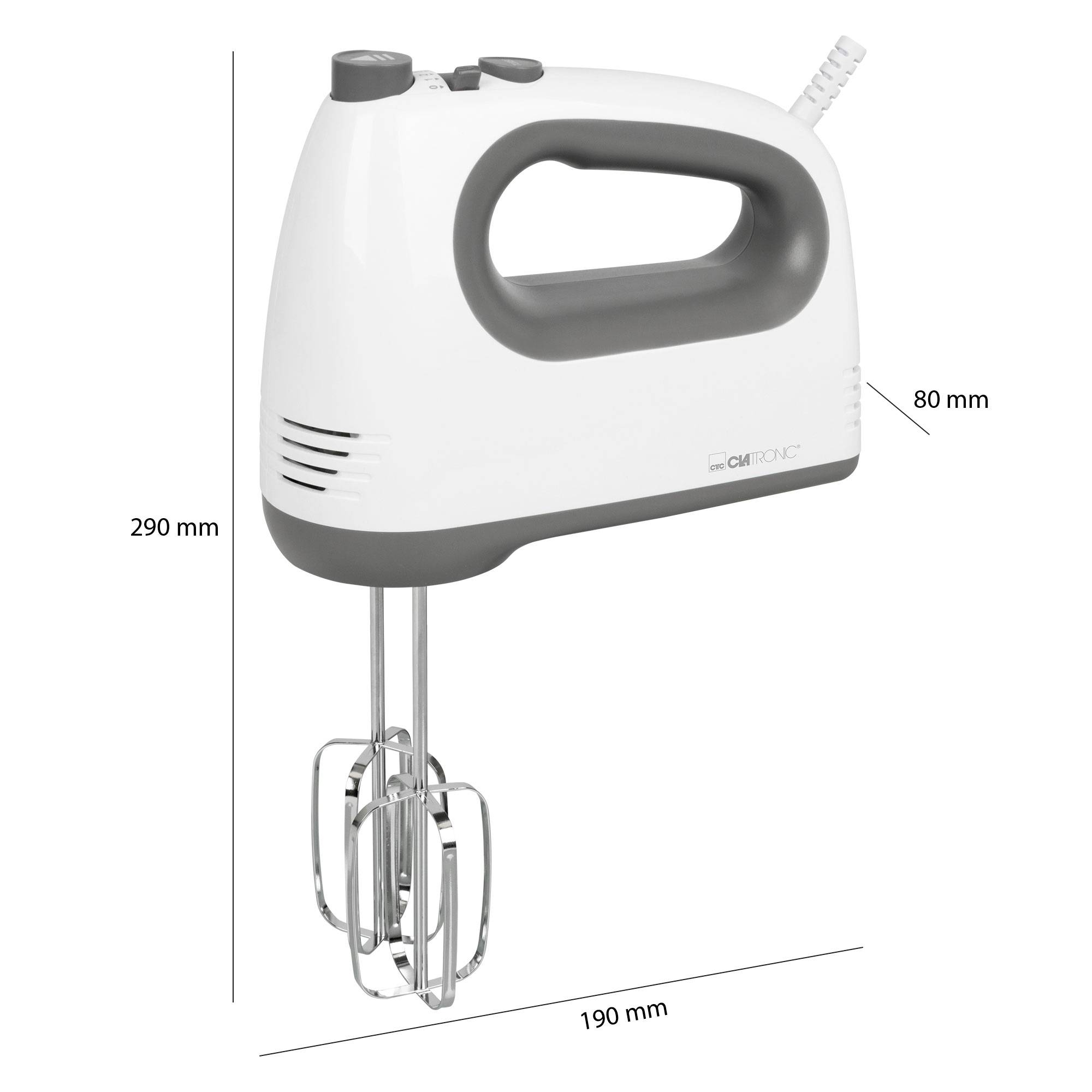 Handmixer in Weiß mit grauem Griff, zwei Rühraufsätzen und einem Kabel. Maße: 290 mm hoch, 80 mm breit, 190 mm lang.