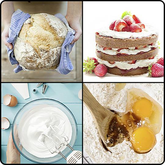 Eine Collage von vier Bildern: Ein frisch gebackenes Brot wird in einem Tuch gehalten, eine Erdbeertorte mit Sahne, steif geschlagener Eischnee in einer Schüssel, und zwei Eier im Mehl mit einem Holzlöffel.