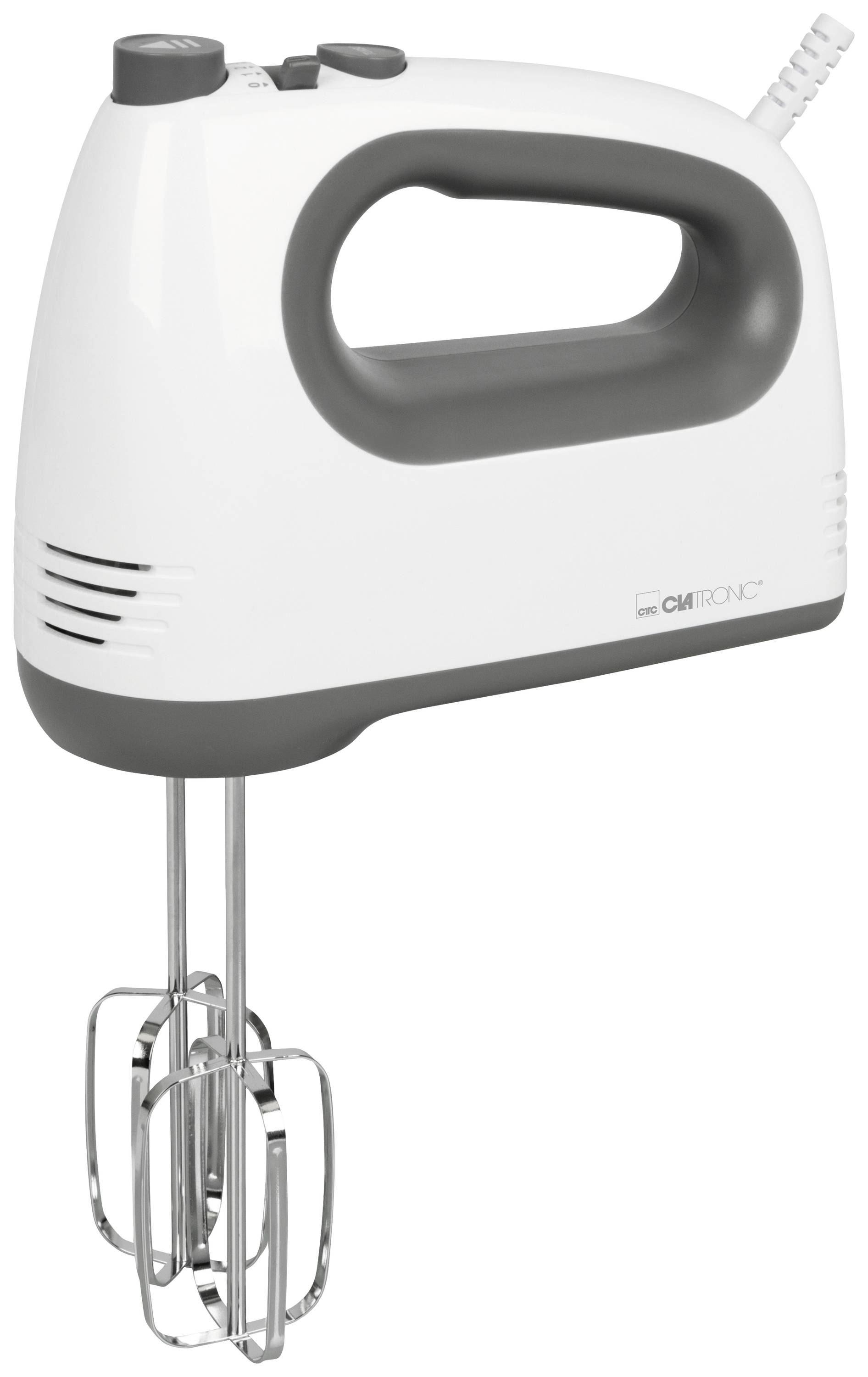 Elektrischer Handmixer in Weiß mit dunkelgrauen Details und zwei Rührbesen, ideal zum Mischen von Teig und Zutaten in der Küche.