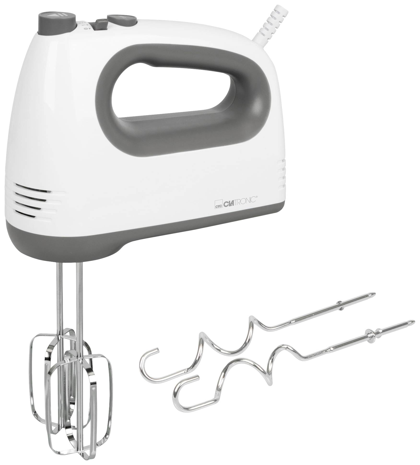 Handmixer mit zwei Rührbesen, zwei Knethaken daneben. Weißes Gehäuse, grauer Griff. Elektrisches Küchengerät für Teigzubereitung.