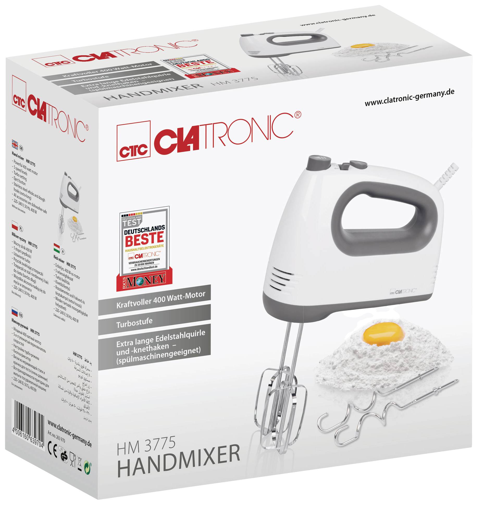 Handmixer mit 400-Watt-Motor. Enthält Zubehör wie Knethaken. Verpackung zeigt Markenlabel und Produktspezifikationen.