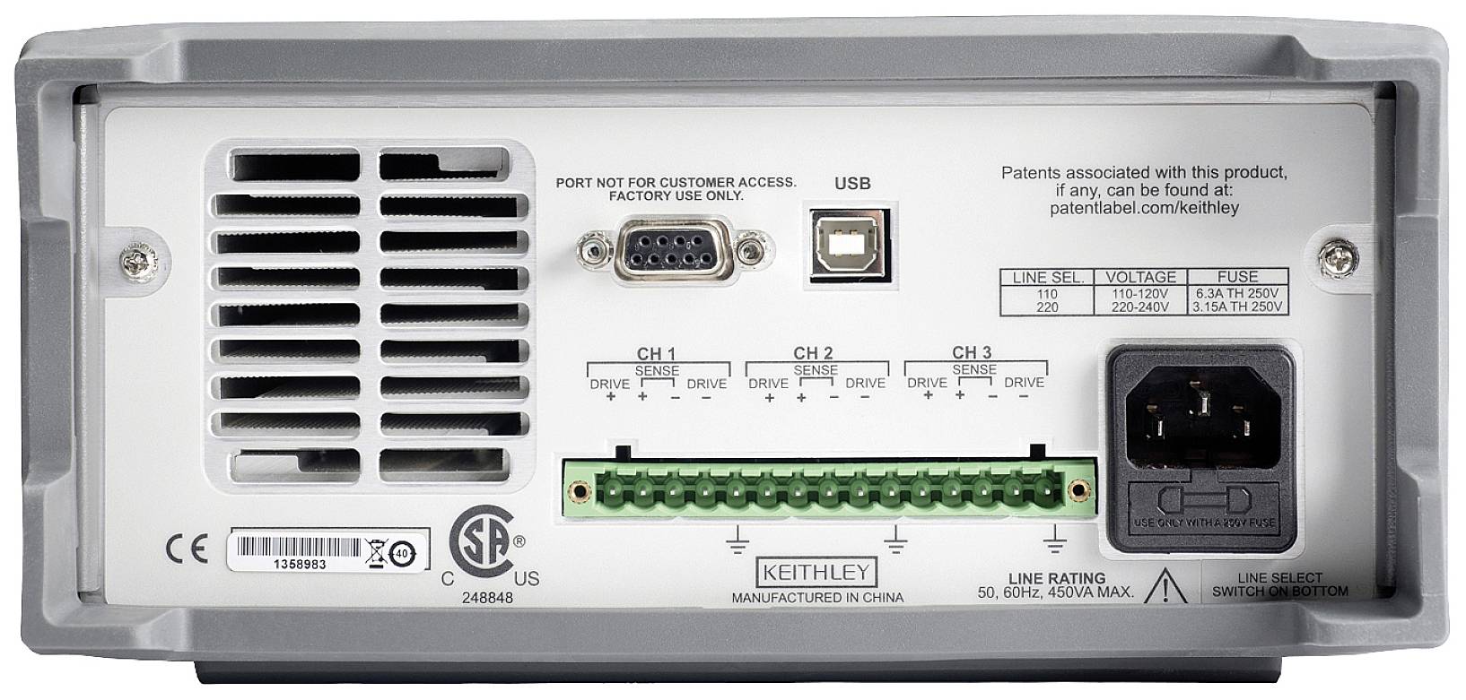 Rückseite eines Keithley Messgeräts mit Anschlüssen: USB, serielle Ports, Netzanschluss und Schutzsicherungen.