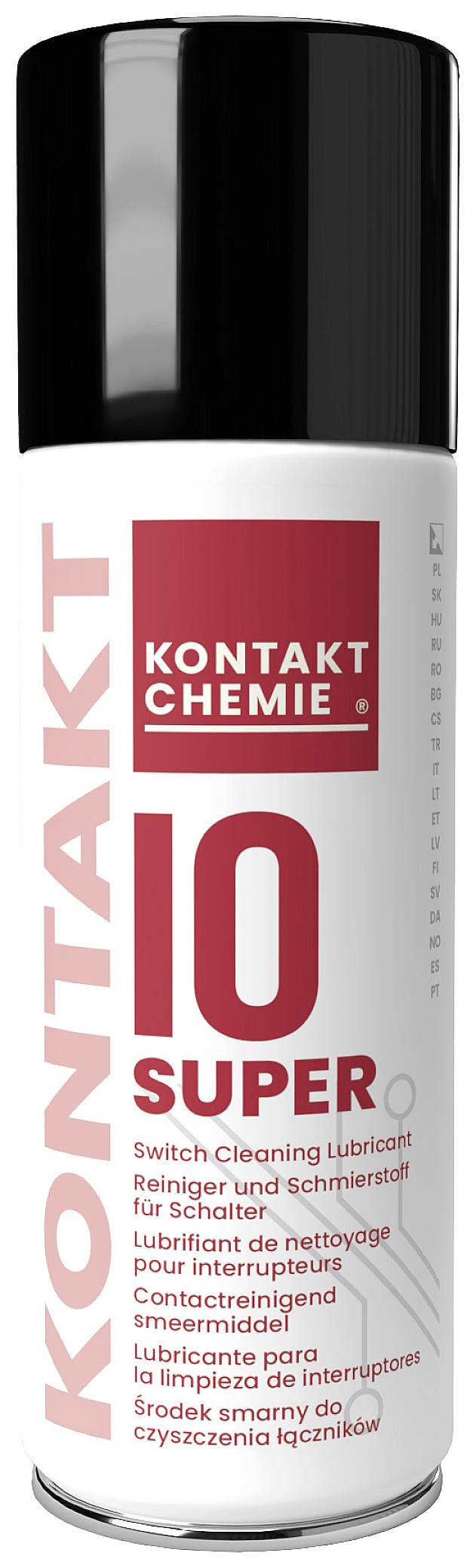 Sprühdose mit schwarzem Deckel und rotem Aufdruck 'KONTAKT 10 SUPER'. Reiniger und Schmierstoff für Schalter. Mehrsprachige Beschriftung.