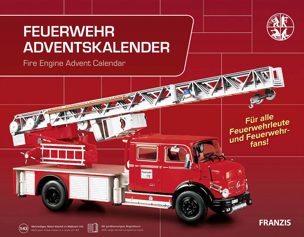 Ein roter Feuerwehrauto-Adventskalender mit Leiter. Text 'Feuerwehr Adventskalender'. Für Feuerwehrleute und Fans.