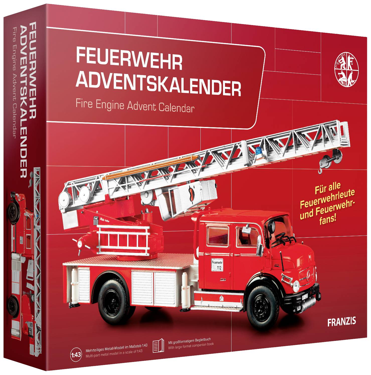 Ein roter Feuerwehr-Adventskalender mit Modell einer Feuerwehrleiter und Text 'Für alle Feuerwehrhelute und Feuerwehrfans!'.