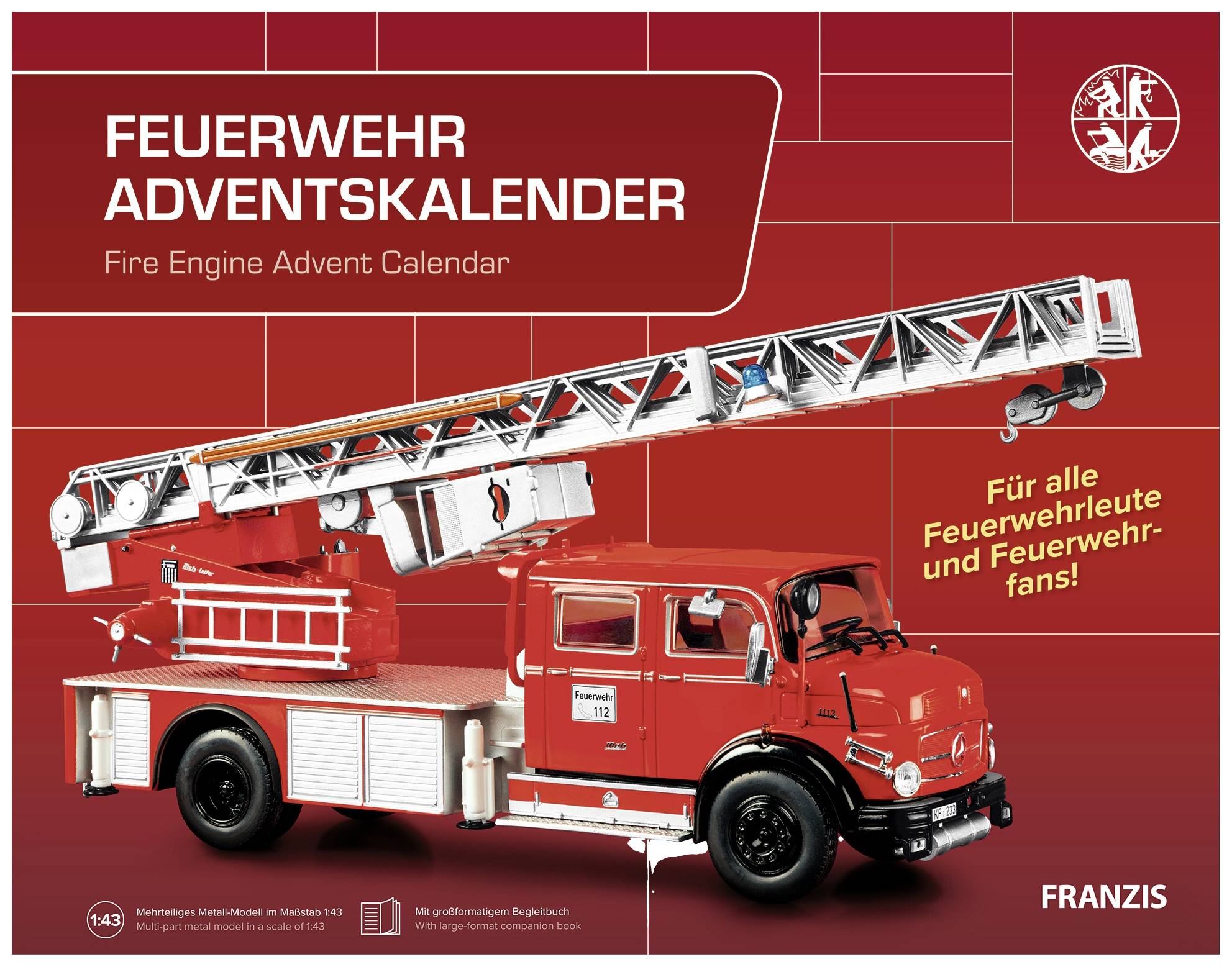 Ein rotes Feuerwehrauto-Modell auf einem Adventskalender. Text: 'Feuerwehr Adventskalender - Für alle Feuerwehrleute und Feuerwehrfans!'.