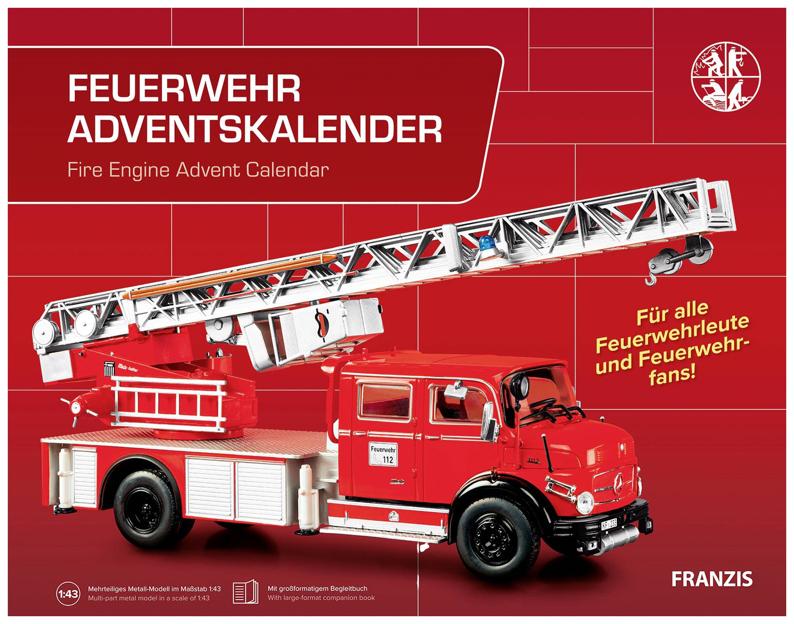 Roter Aufbauleiterwagen auf rotem Hintergrund. Text: 'Feuerwehr Adventskalender', 'Für alle Feuerwehrleute und Feuerwehrfans!'.