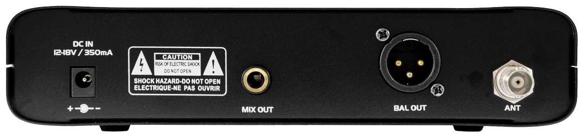 Rückseite eines Audiogeräts mit Netzanschluss, Mix-Ausgang, symmetrischem Ausgang und Antennenanschluss. Warnhinweis auf elektrischen Schock.