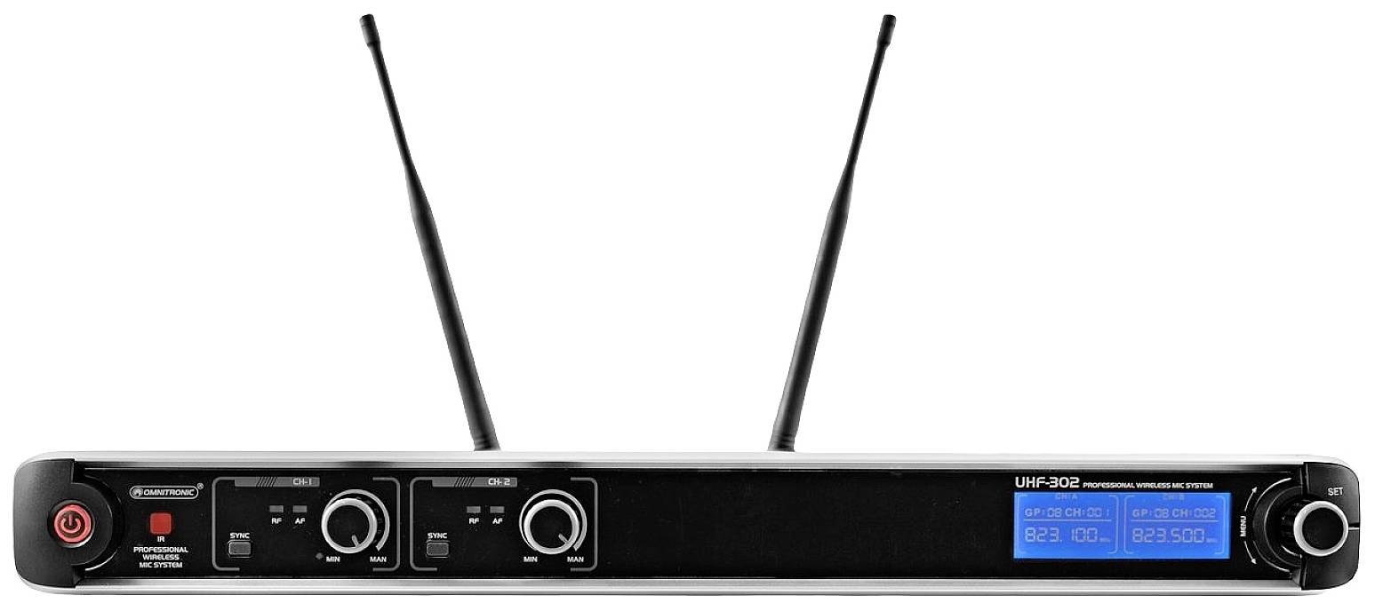 Ein drahtloses Mikrofon-Empfangsgerät mit zwei Antennen und digitalem Display, zeigt Frequenzinformationen an, frontseitige Bedienelemente.