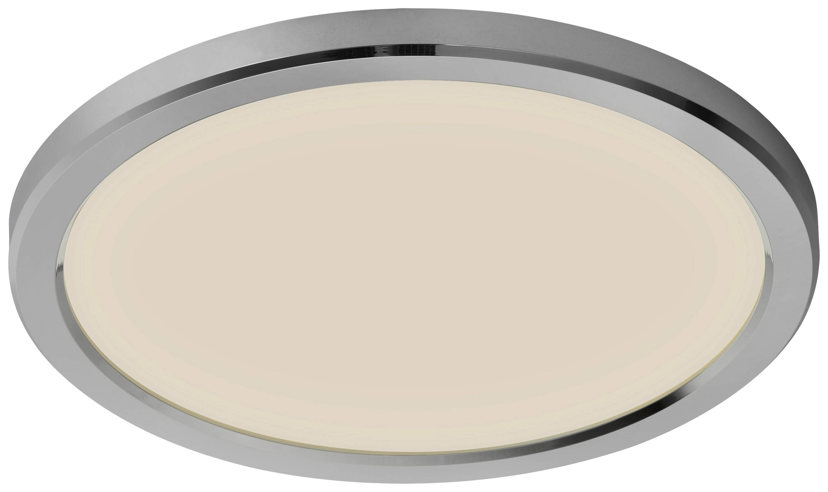 Runde Deckenleuchte mit silbernem Rand und sandfarbener Oberfläche, geeignet zur gleichmäßigen Raumbeleuchtung.