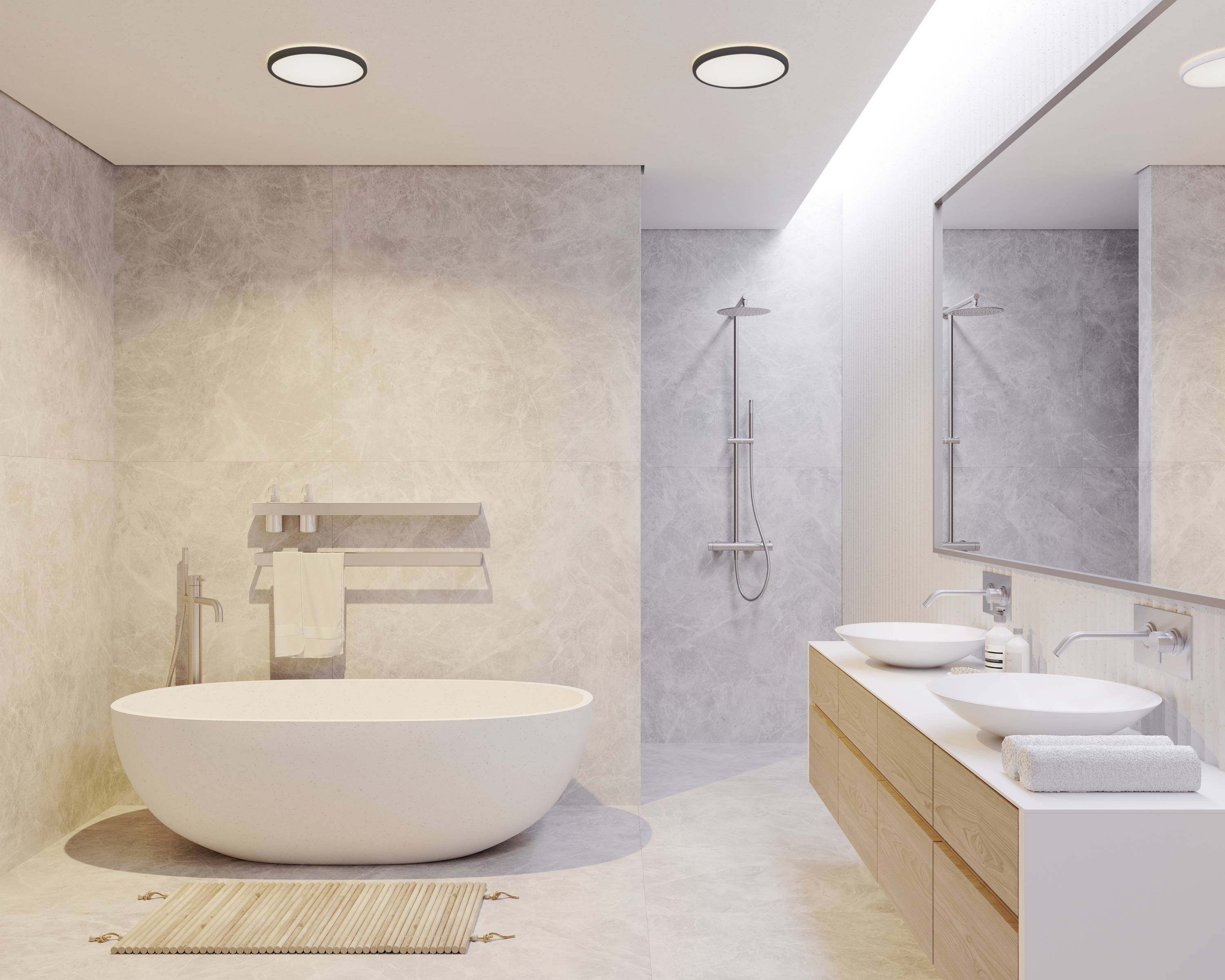 Modernes Badezimmer mit freistehender Badewanne, zwei Waschbecken und großer Spiegelwand, minimalistisches Design in neutralen Tönen.