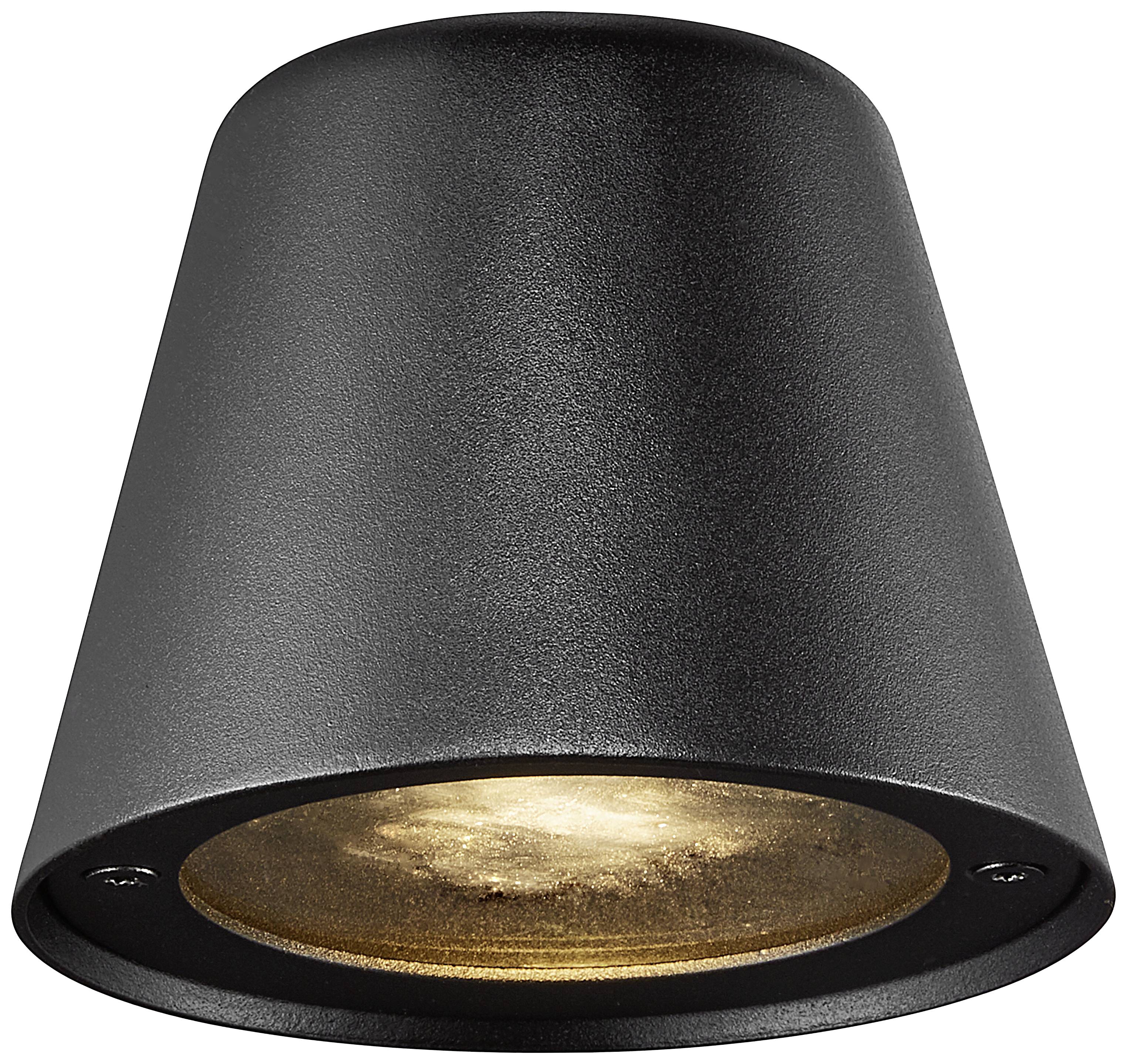 Schwarze, konische Wandlampe mit nach unten gerichtetem Licht, geeignet für moderne Innenraumbeleuchtung.