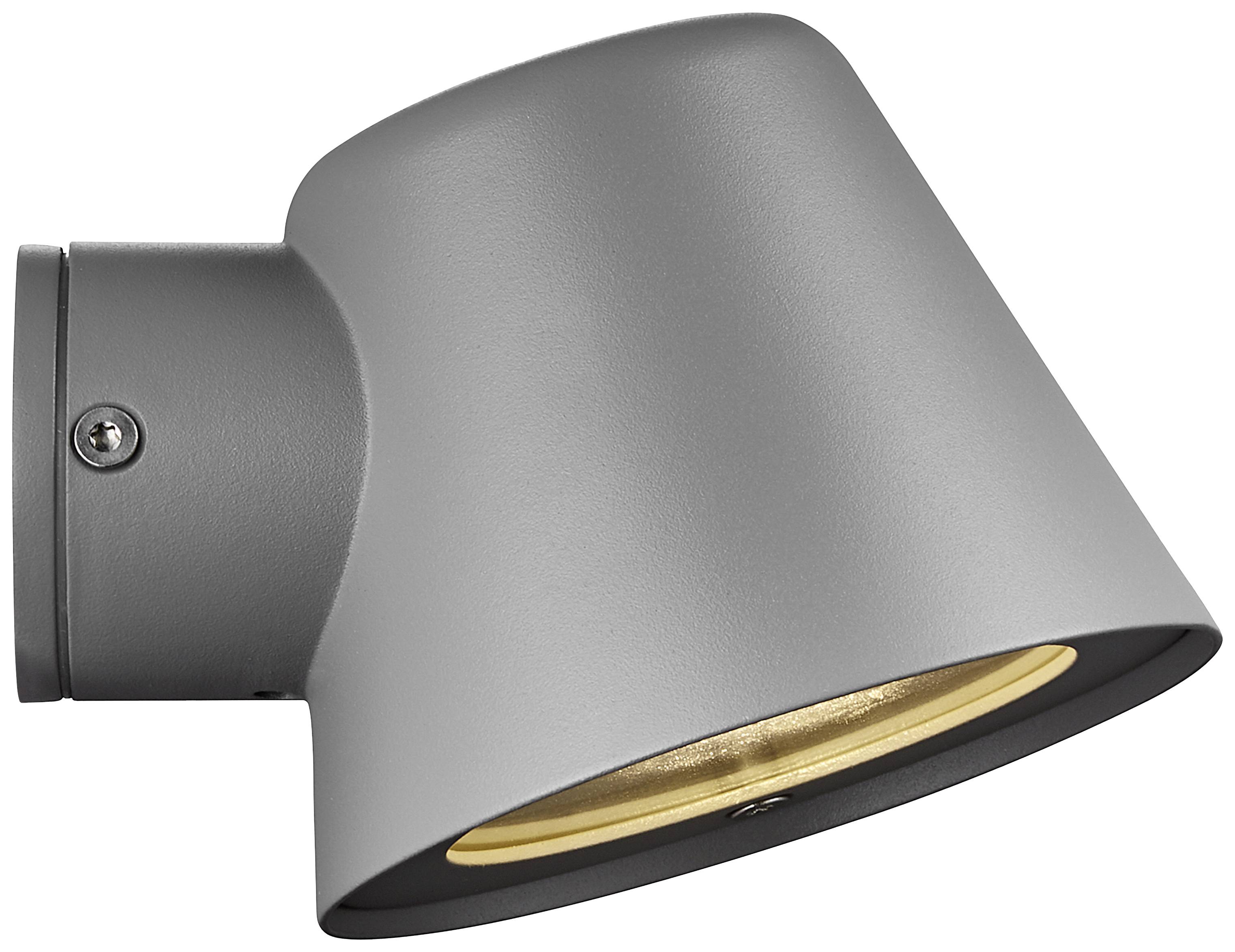 Graue Wandlampe mit konischem Design, nach unten gerichtet. Sie hat ein strukturiertes Finish und eignet sich für moderne Inneneinrichtungen.