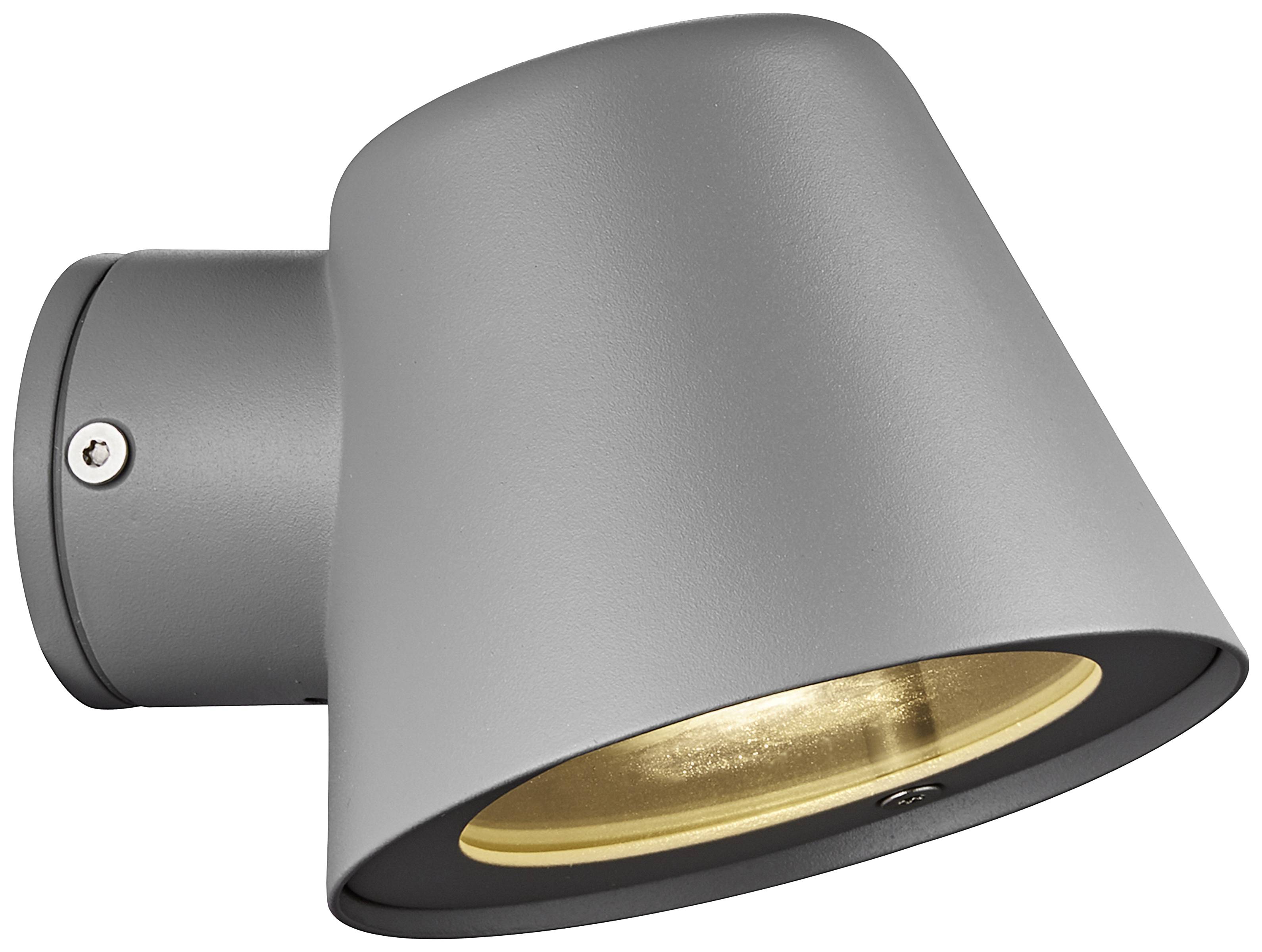 Graue Wandlampe mit einem nach unten gerichteten, leicht kegelförmigen Schirm. Die Lampe hat eine goldene Innenseite.