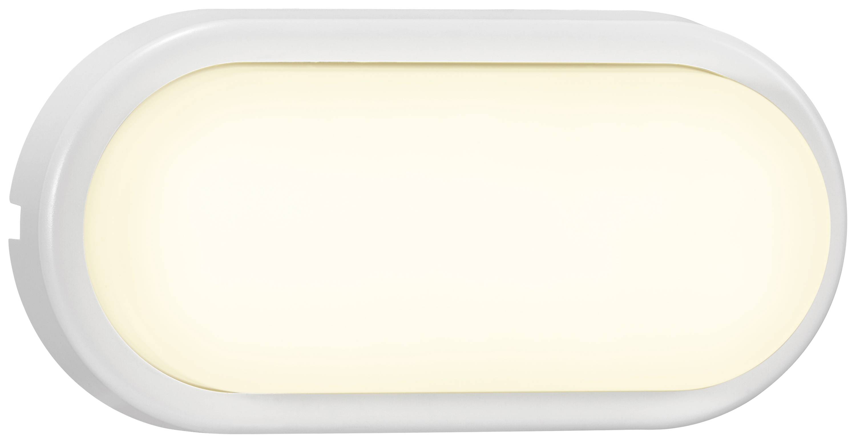 Eine ovale LED-Wandleuchte mit weißem Rahmen und warmem, gelbem Licht.