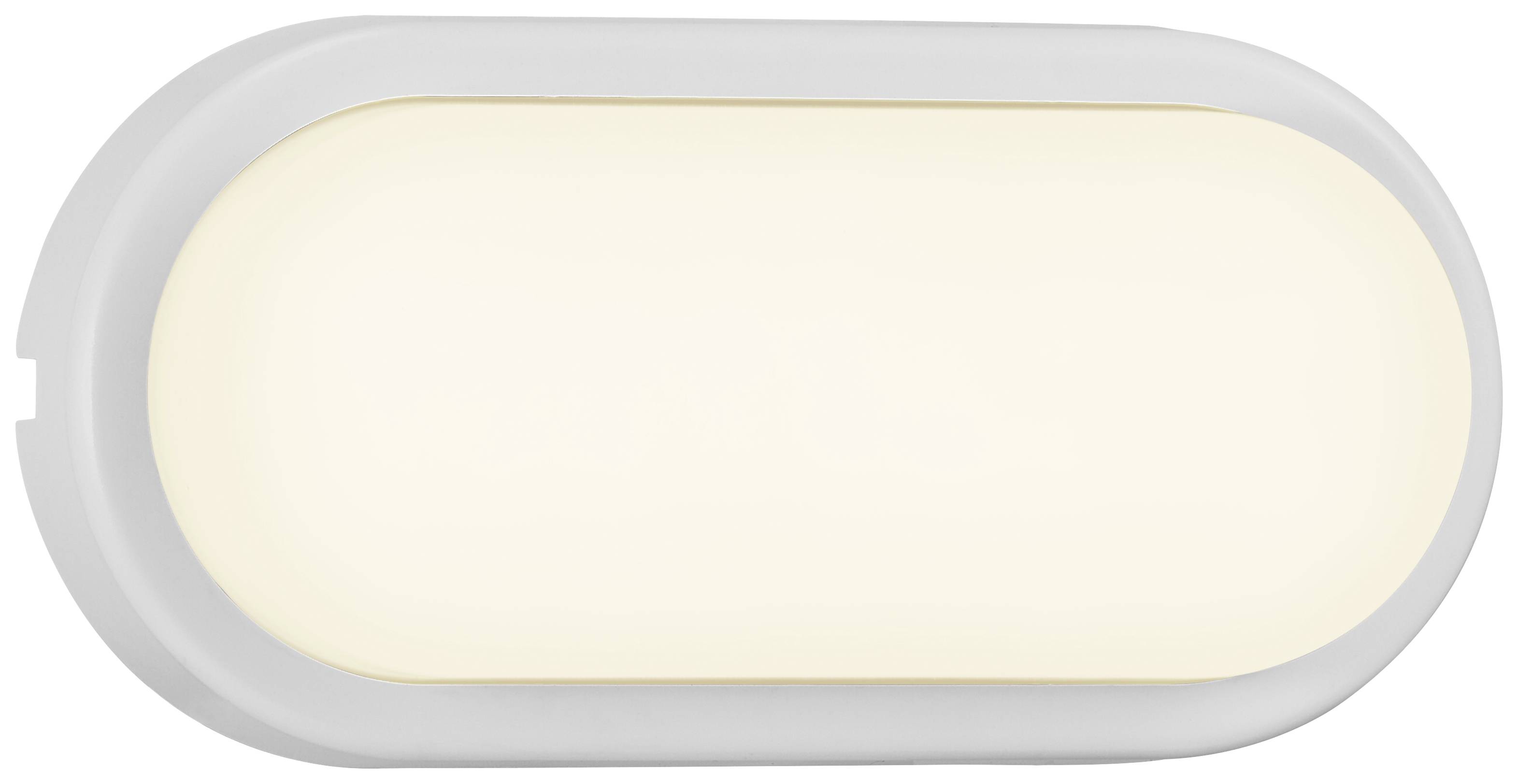 Ein einfaches, ovales LED-Licht mit weißem Kunststoffrahmen, das gleichmäßiges warmweißes Licht ausstrahlt. Geeignet für Innenräume.