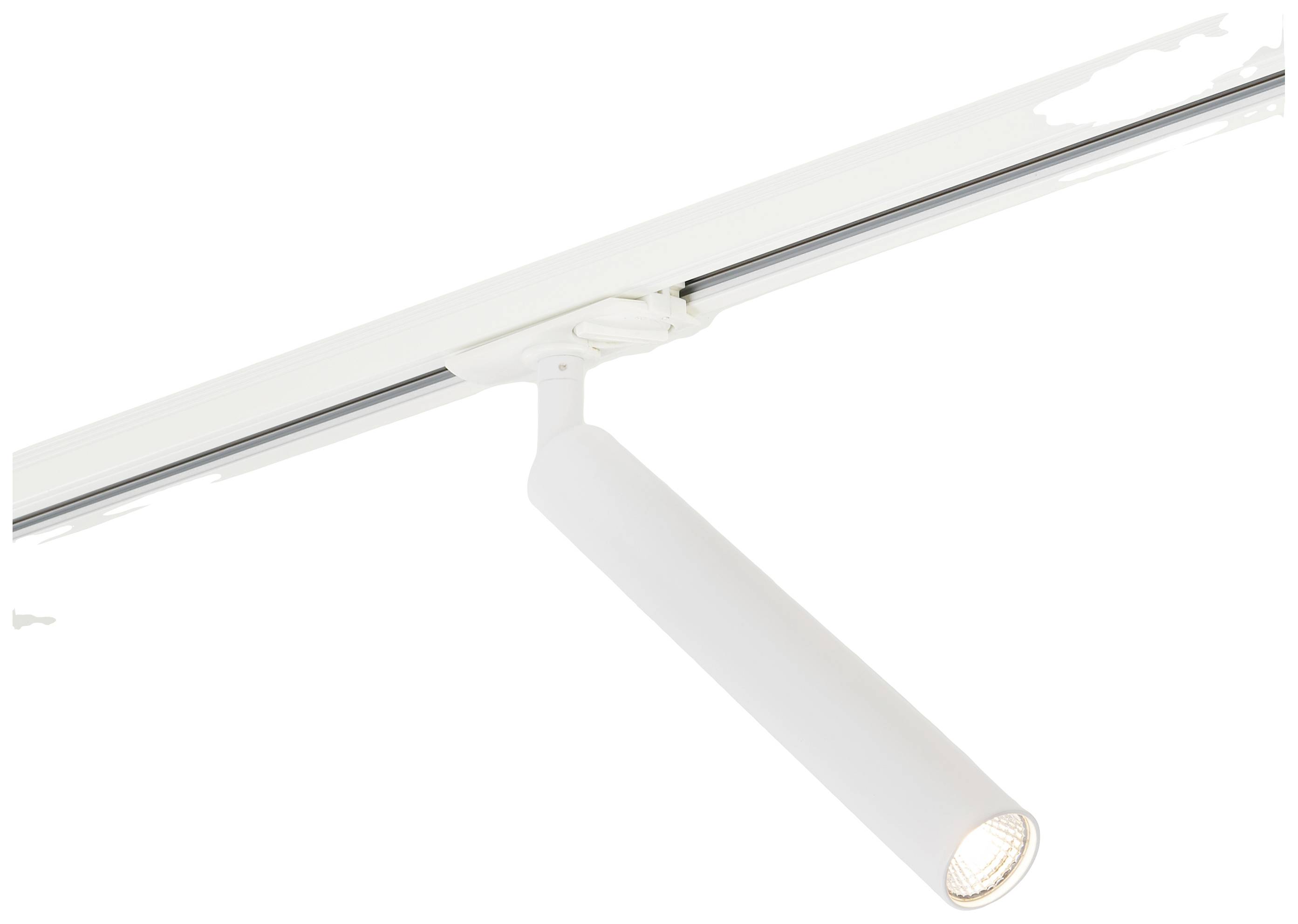 Ein langer, zylinderförmiger LED-Spot ist an einem weißen Schienensystem montiert, das an einer Decke angebracht ist.