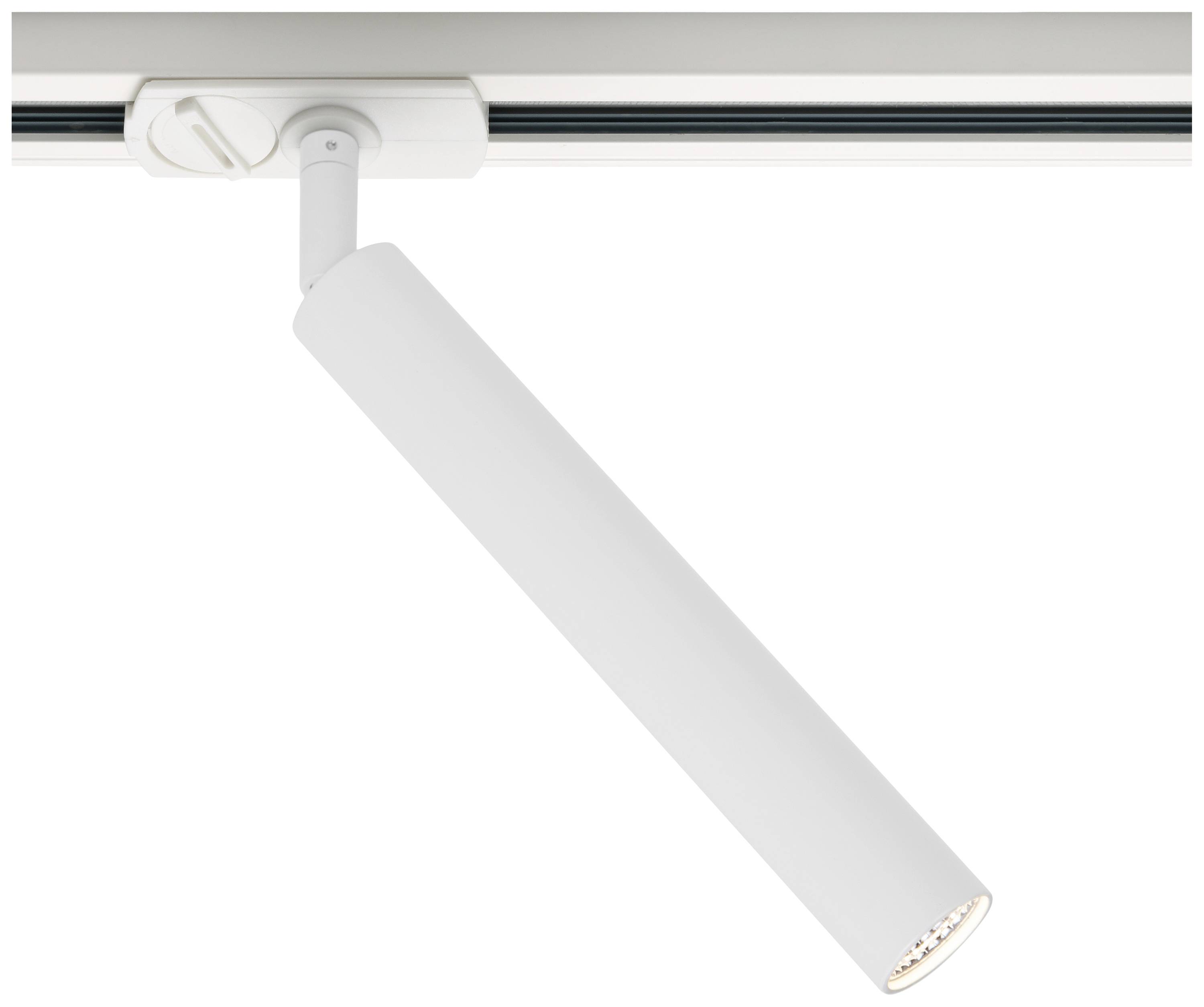 Ein langer, weißer Deckenstrahler, montiert an einer Schiene, leuchtet nach unten. Ideal für gezielte Beleuchtung in modernen Räumen.