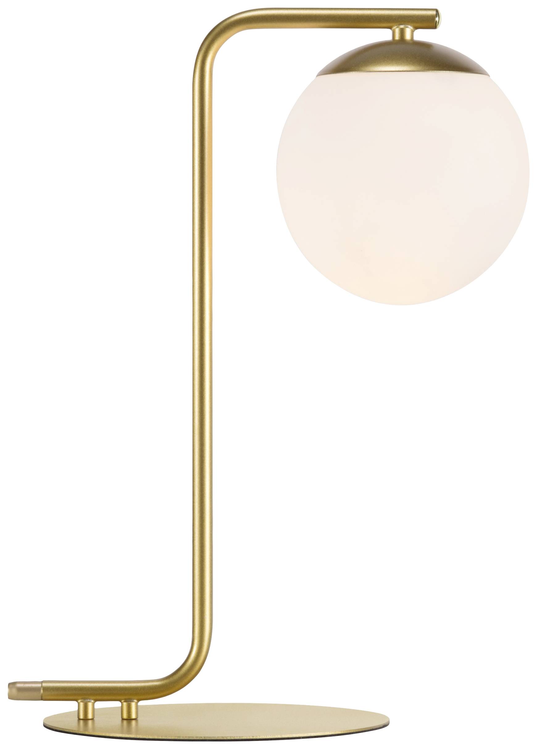 Eine elegante Tischlampe mit einem gebogenen goldfarbenen Ständer und einem runden, milchigen Lampenschirm.