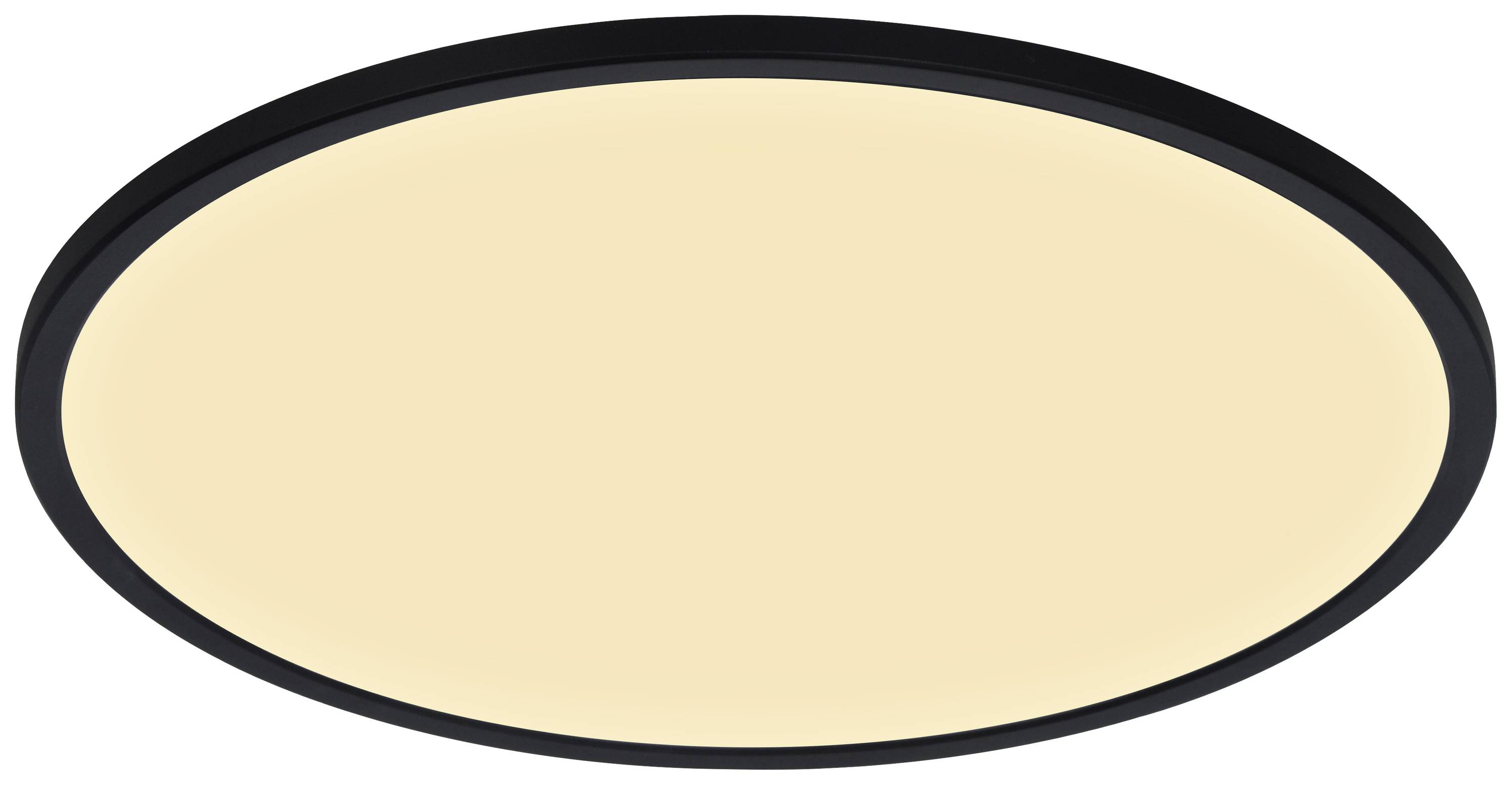 Eine runde LED-Deckenleuchte mit schwarzem Rahmen und warmweißem Licht. Geeignet für modernes Innendesign und Energieeffizienz.