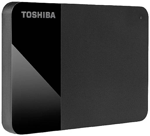 Externe Festplatte von Toshiba, schwarz, mit abgerundeten Ecken und schlichtem Design.