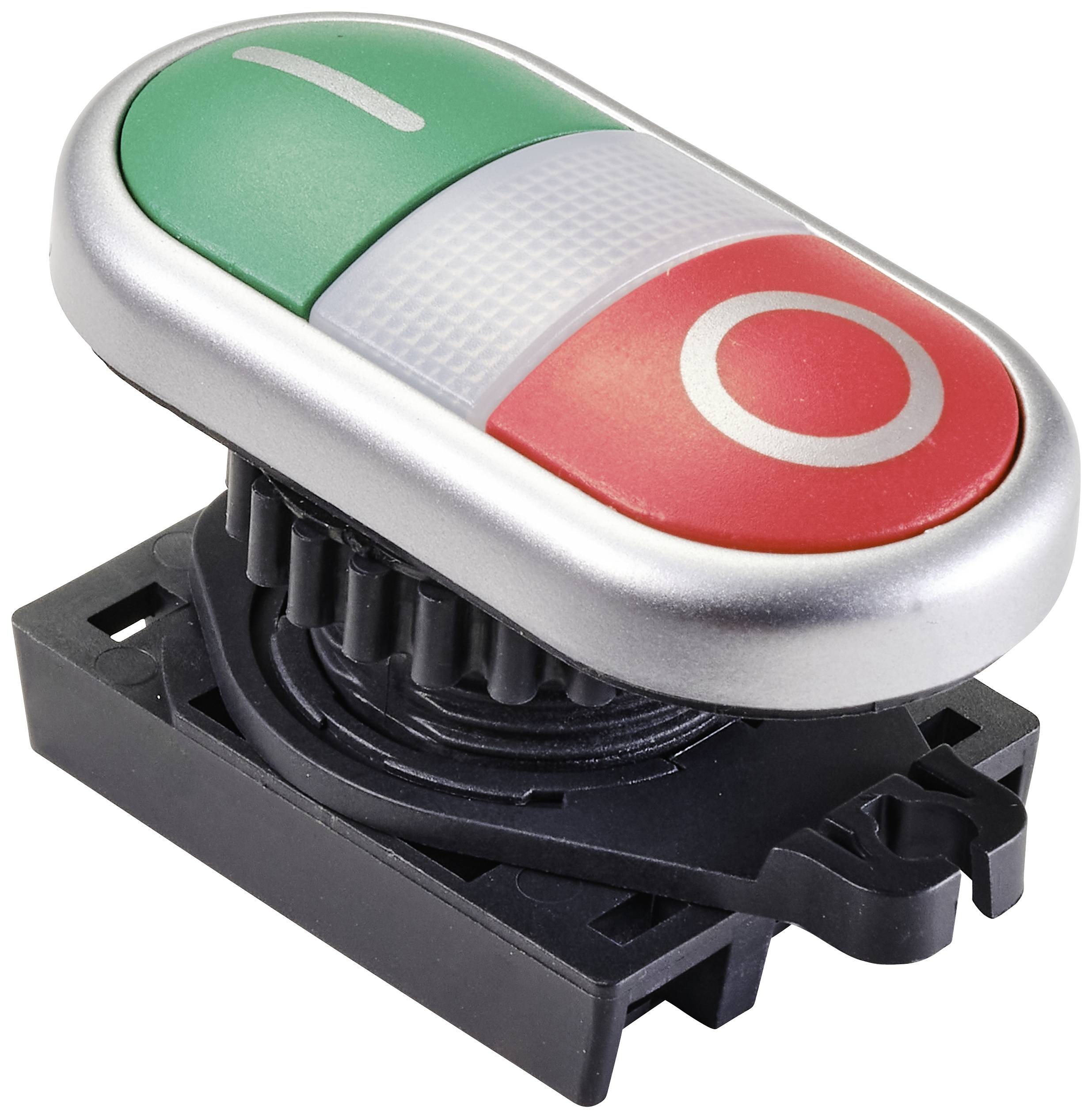 Ein zweifarbiger Schalter mit grünem 'Ein'-Button und rotem 'Aus'-Button, montiert auf einer schwarzen Basis.