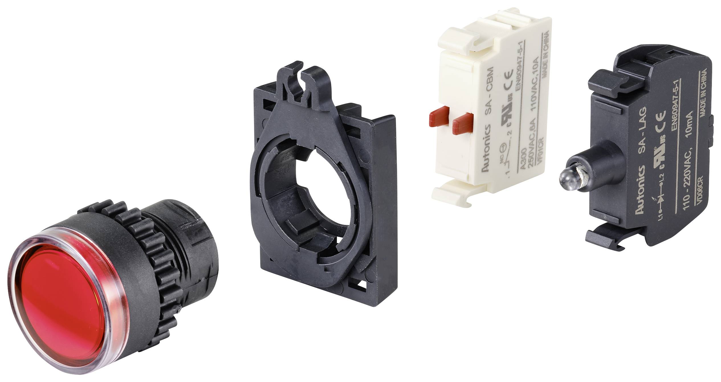 Ein roter Druckknopf und seine Montageteile werden gezeigt. Enthalten sind der Knopf, ein schwarzer Rahmen, ein weißer Schalter und eine schwarze Anschlussbox.