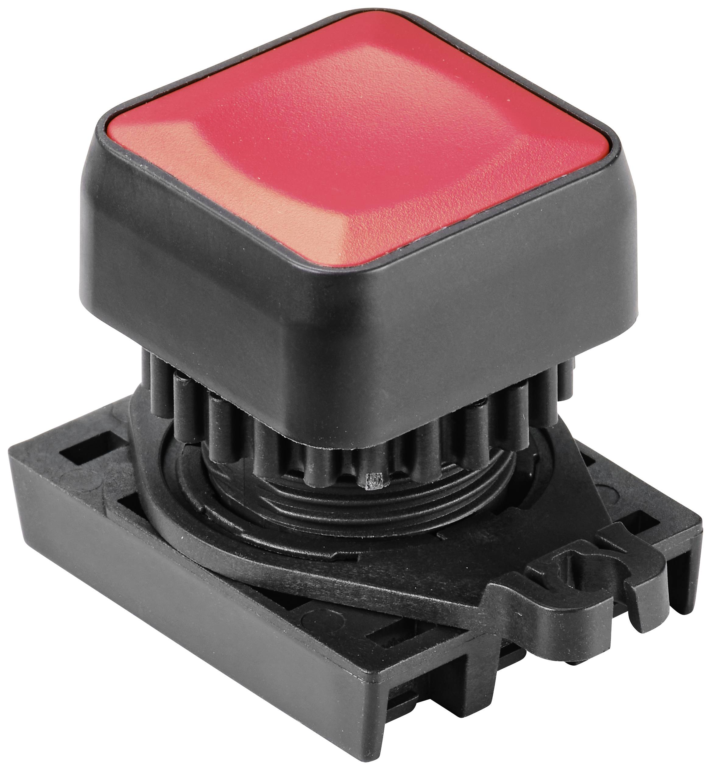 Ein großer, roter, quadratischer Druckknopf in einem schwarzen Gehäuse, geeignet für industrielle Bedienfelder oder Maschinensteuerungen.