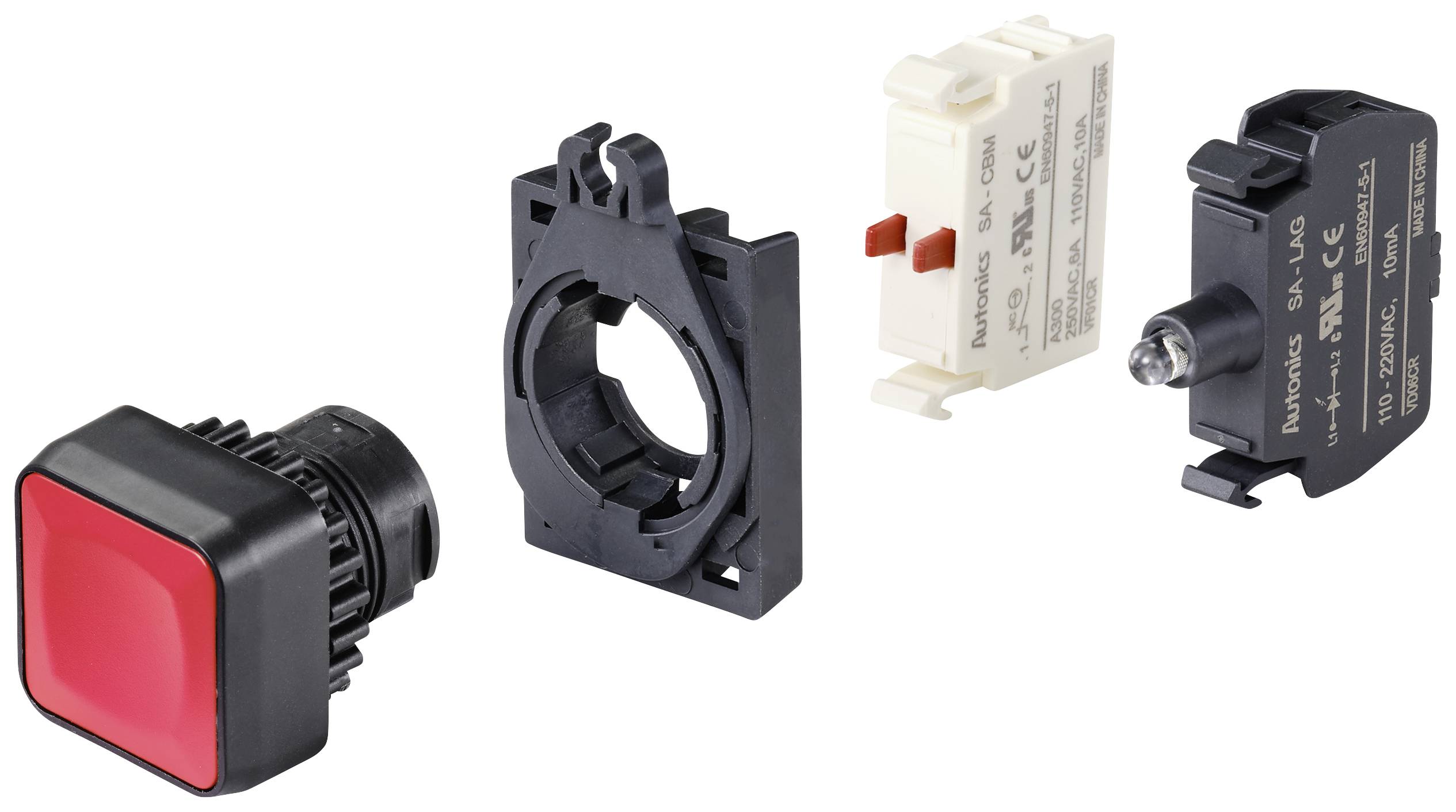 Ein roter quadratischer Druckknopf mit zugehöriger Halterung und elektrischen Komponenten zur Verwendung in einem Schaltsystem.