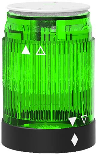 Grüne zylindrische Lampe mit schwarzen und weißen Dreiecken an der Seite; sie vermittelt ein modernes, technisches Design.