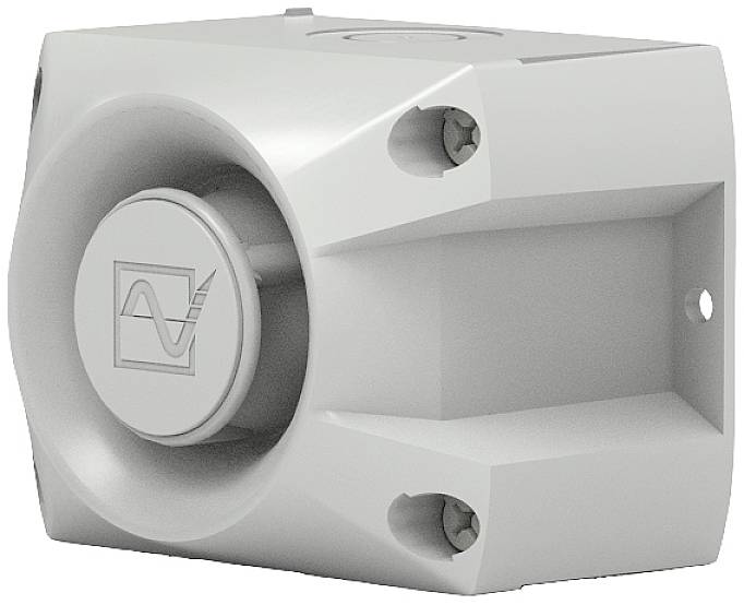 Grauer Metallblock mit runder Vertiefung und Symbol, das eine Welle darstellt. Es hat vier Befestigungslöcher an den Ecken.