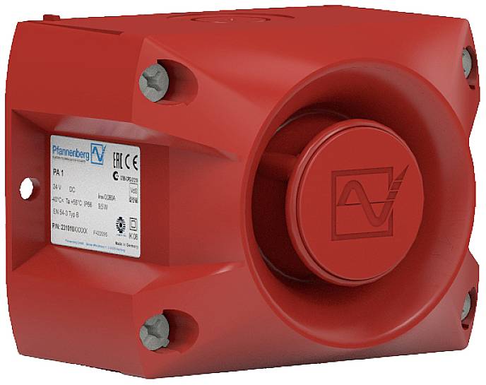 Rotes Schutzgehäuse mit einem Logo und einem technischen Etikett auf der Vorderseite, solide und industrielles Design.