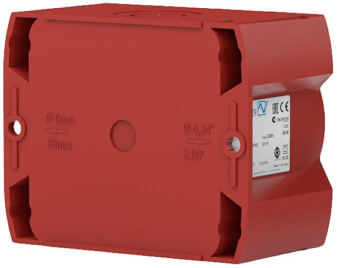 Rote, quadratische Elektronikdose mit CE- und EAC-Kennzeichnung. Geeignet für Elektroinstallationen. Maße: 98mm x 98mm.