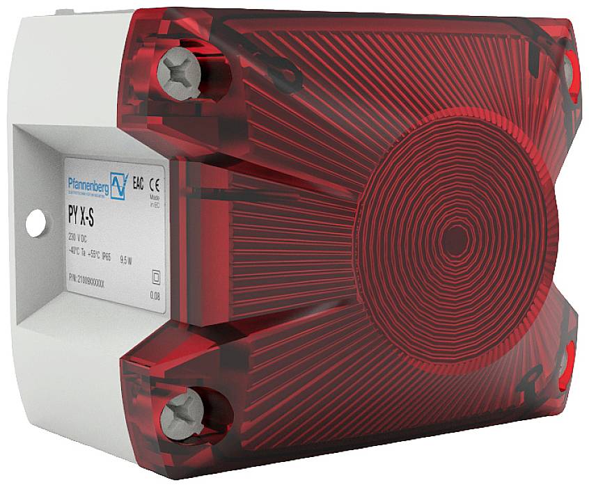 Rotes Alarmlicht an der Wand montiert, mit technischem Etikett und Schraubbefestigungen.