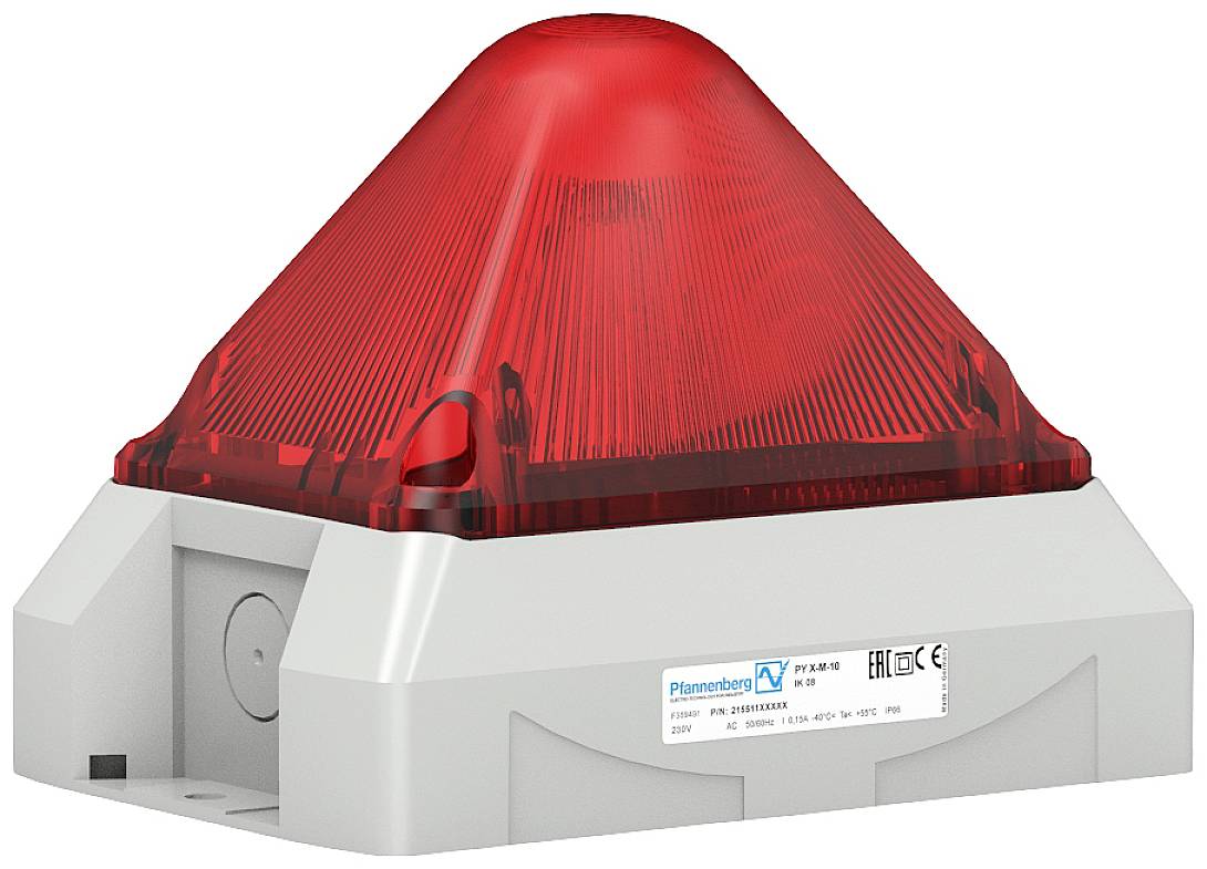 Eine rote Warnleuchte auf einem grauen Sockel, verwendet zur visuellen Alarmierung in Industrieumgebungen.