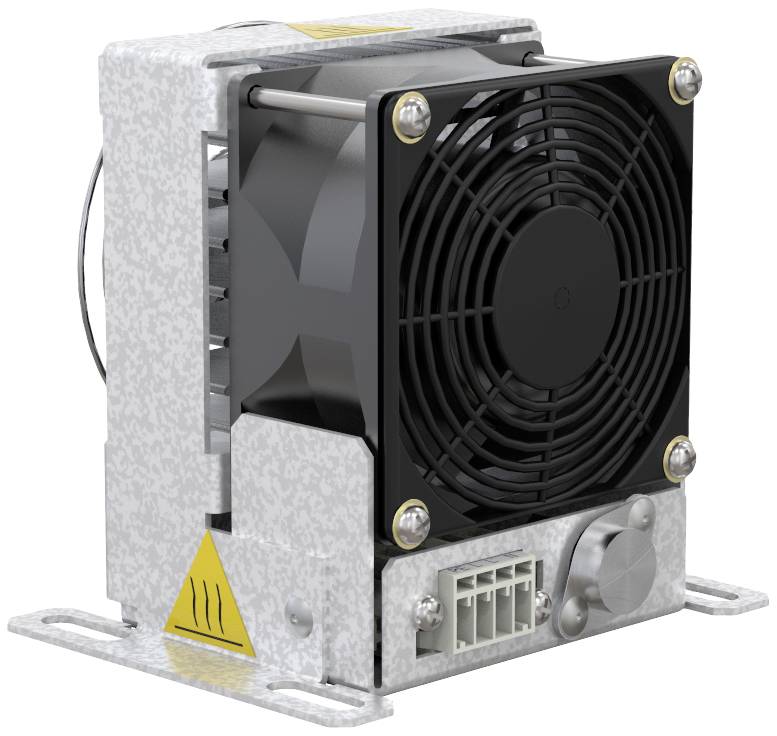 Metallisches elektrisches Gerät mit Lüfter, schwarzem Gitter und Warnsymbol. Verwendet zur Kühlung in elektrischen Anwendungen.