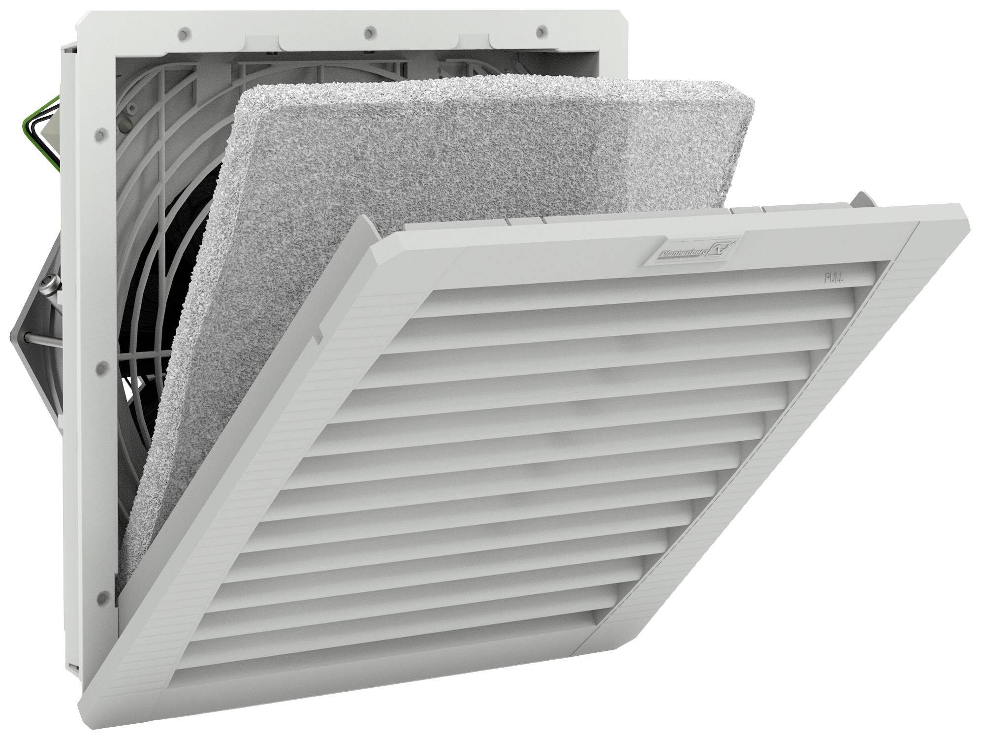 Lüftungsgitter mit abnehmbarem Filtersystem; ermöglicht Luftzirkulation und Staubfilterung in elektronischen Geräten oder Schaltschränken.