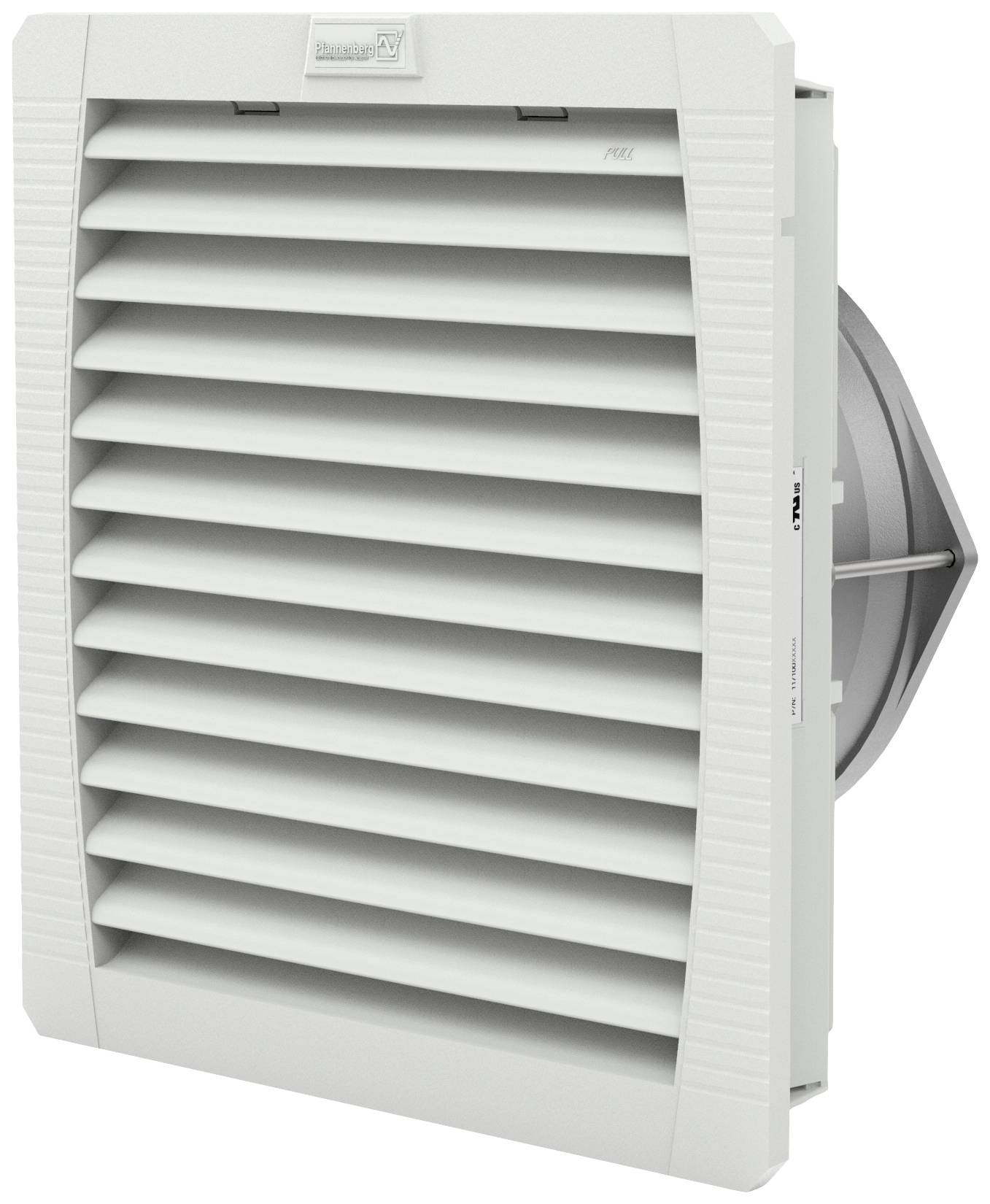 Ein graues Lüftungsgitter mit horizontalen Lamellen, das zur Belüftung oder Luftzirkulation in Wänden oder Maschinen verwendet wird.