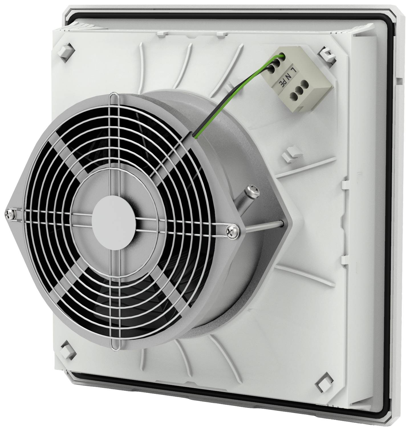 Ein quadratischer Lüfter mit Metallgitter und elektrischen Anschlüssen. Geeignet für industrielle oder technische Anwendungen.