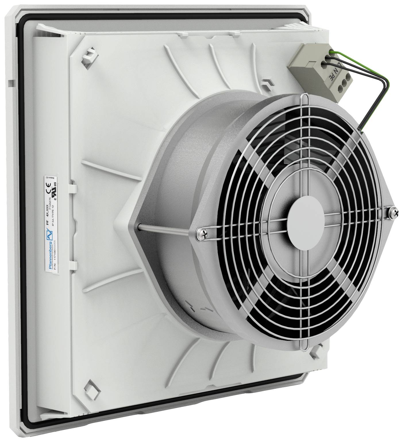 Ein Wandventilator mit einem quadratischen Gehäuse und einem runden Schutzgitter. An der Oberseite sind elektrische Anschlüsse sichtbar.