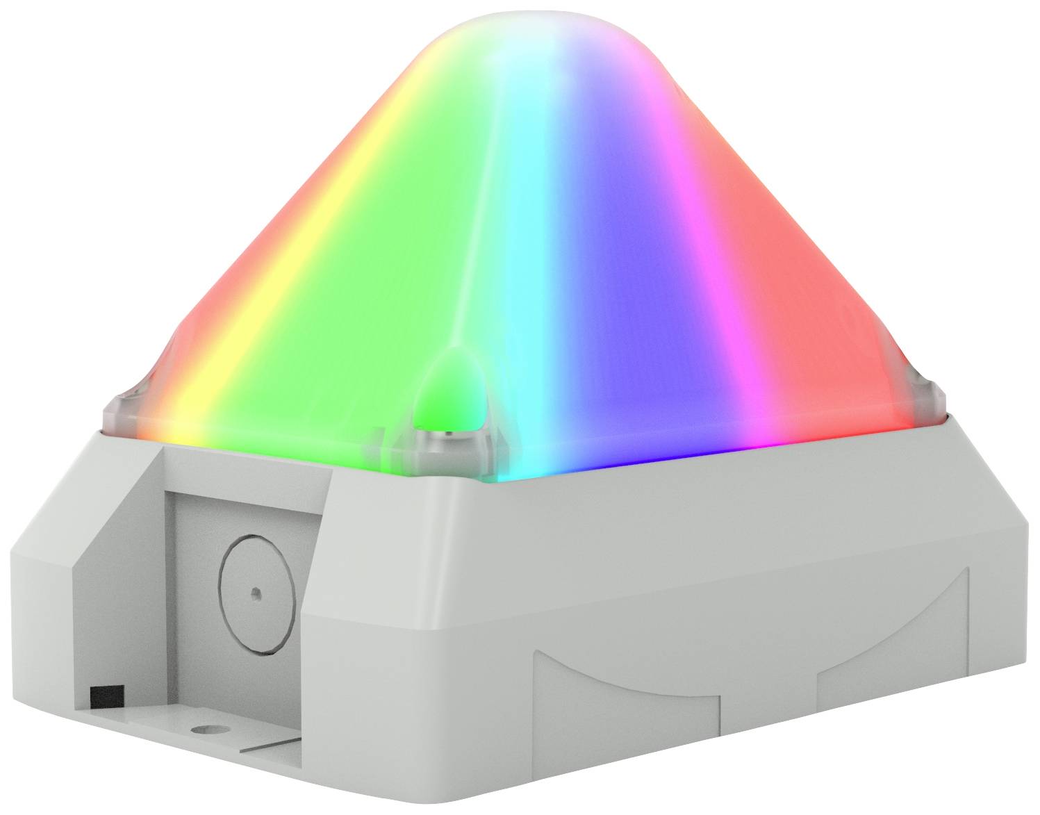 Ein pyramidenförmiges Gerät leuchtet in den Farben rot, blau, grün und gelb. Es steht auf einer weißen Basis.