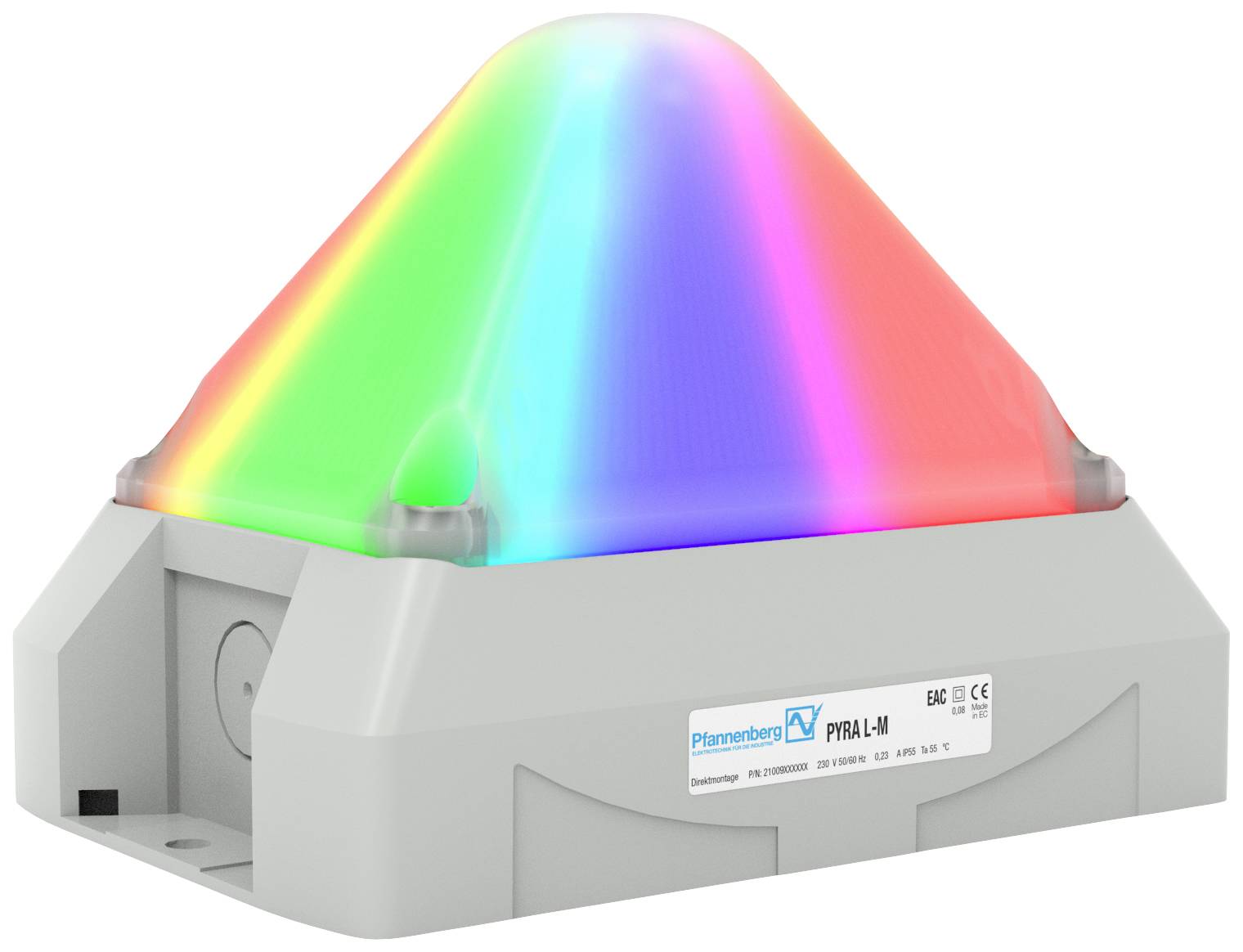 Ein pyramidenförmiges LED-Signallicht, das in verschiedenen Farben leuchtet, auf einem grauen Gehäuse montiert, für industrielle Anwendungen.