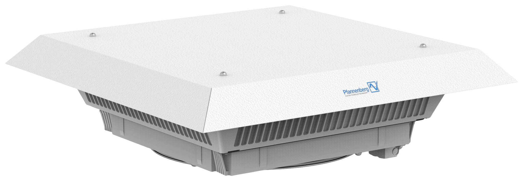 Ein quadratischer, weißer Ventilator mit Firmenlogo auf der Oberseite, verwendet für Dachbelüftung mit stabilen Seiten und Schraubverbindungen.