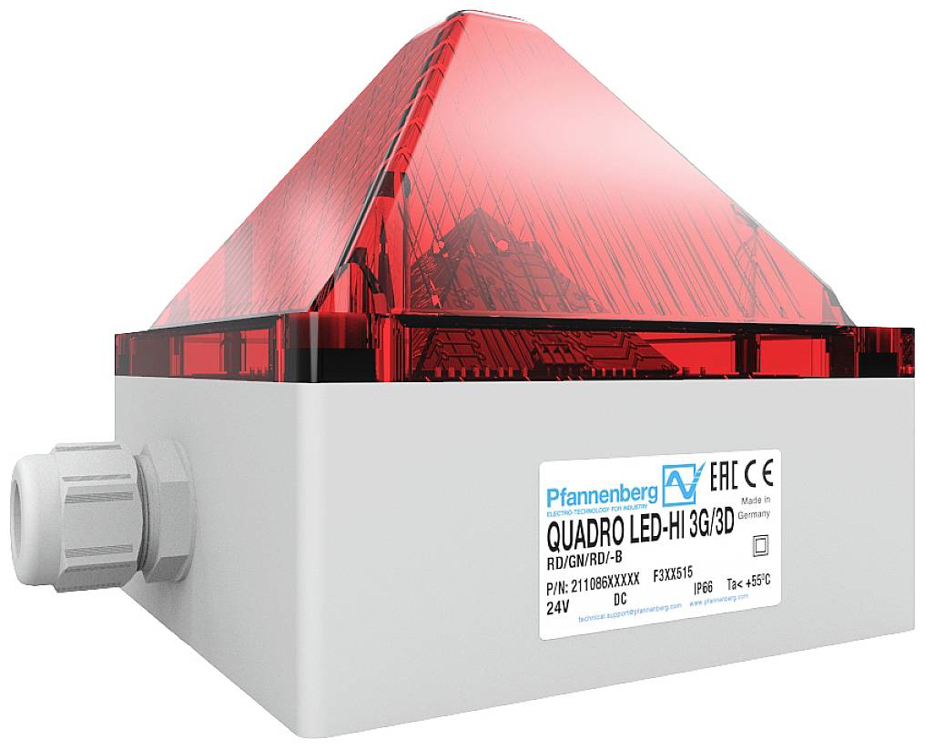 Ein rotes, pyramidenförmiges Warnlicht von Pfannenberg mit technischer Bezeichnung 'QUADRO LED-HI 3G/3D', montiert auf grauem Gehäuse.