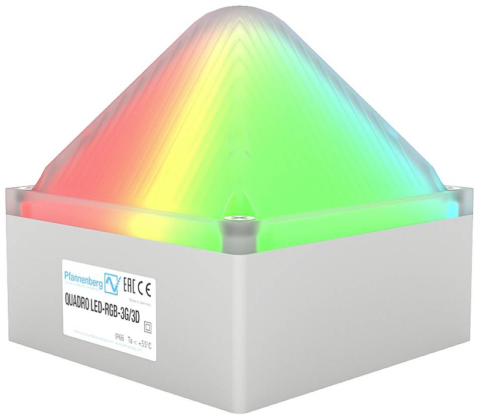 Ein pyramidenförmiges LED-Licht mit Farbverlauf von rot zu grün, auf einem weißen, quadratischen Sockel montiert.