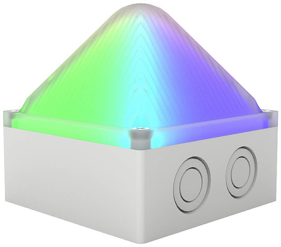 Ein weißes, würfelförmiges Gerät mit leuchtender, pyramidenförmiger Spitze in Regenbogenfarben. Zwei runde Knöpfe an der Frontseite.