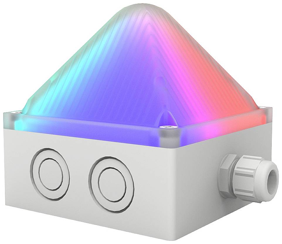 Ein quadratisches Gerät mit einer Pyramidenoberfläche, die in blau und rosa leuchtet. Enthält zwei Kreistasten und eine Kabelverbindung.