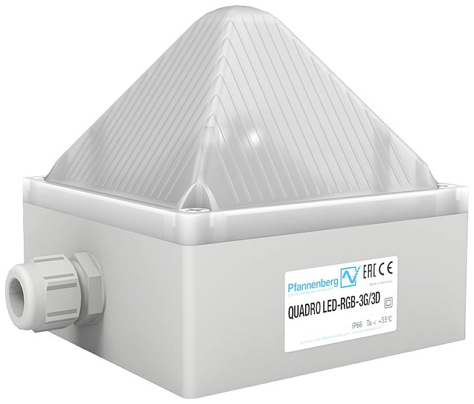 Graues, pyramidenförmiges LED-Gehäuse mit Aufschrift 'Pfannenberg LED-RGB-3G/3D'. Geeignet für industrielle Anwendungen. IP66-Schutz.